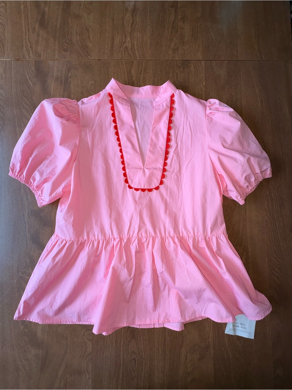 Pink Peplum Puff-Sleeve Blouse with Red Trim